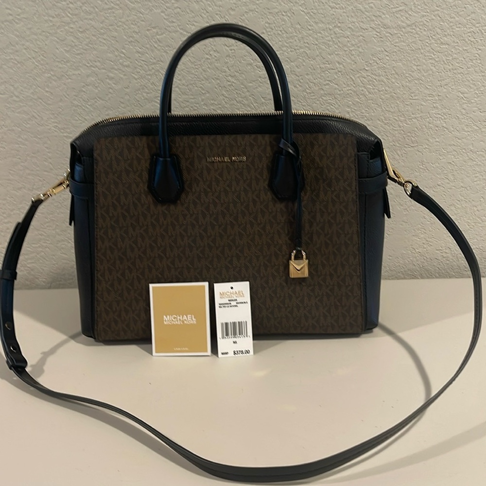 Like NEW, Michael Kors, black & brown shoulder bag. 15” long, 11” tall, 6” wide.